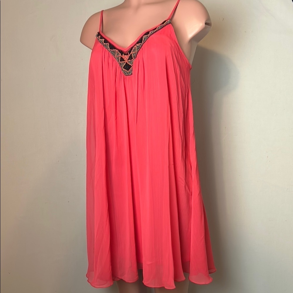 Express Women’s  Pink Swing Slip Mini Beaded Dress Gauzy Spaghetti Straps Sz M - Picture 2 of 11